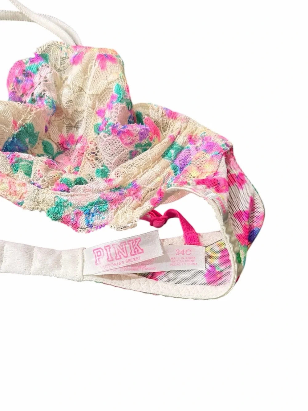PINK Victoria’s Secret Floral Lace Bra 34C Unlined Underwire Multicolor